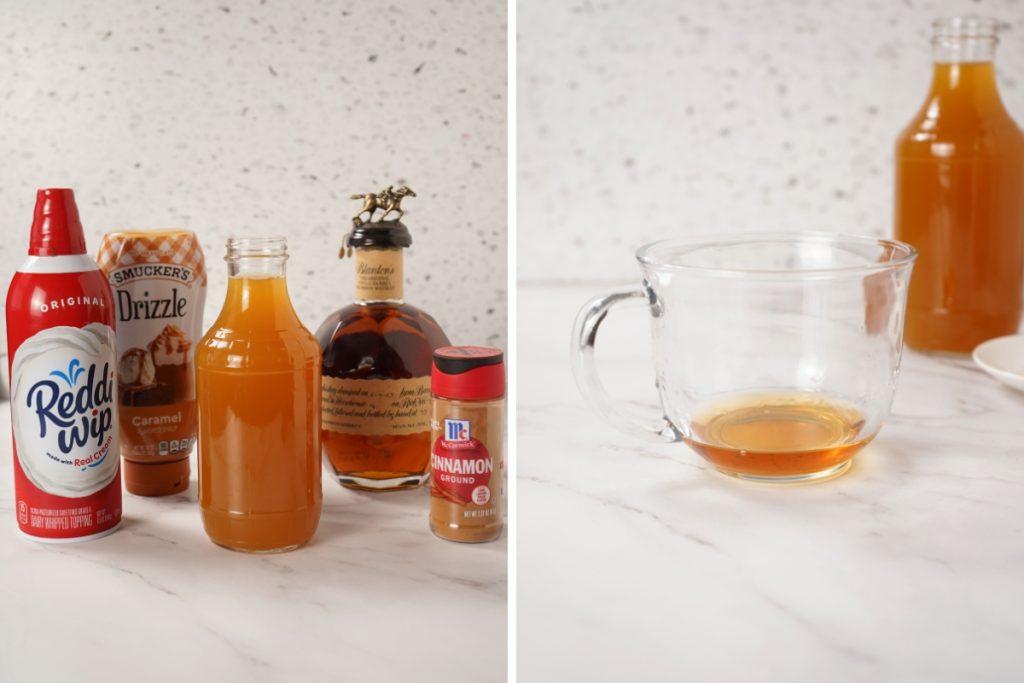 Ingredients and process image for making Hot Bourbon Caramel Apple Cider - added bourbon to glass mug