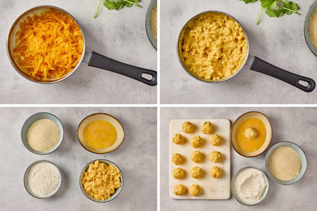 Process image for making Mac and Cheese Bites - stir in shredded cheddar cheese then shaped into balls and breaded