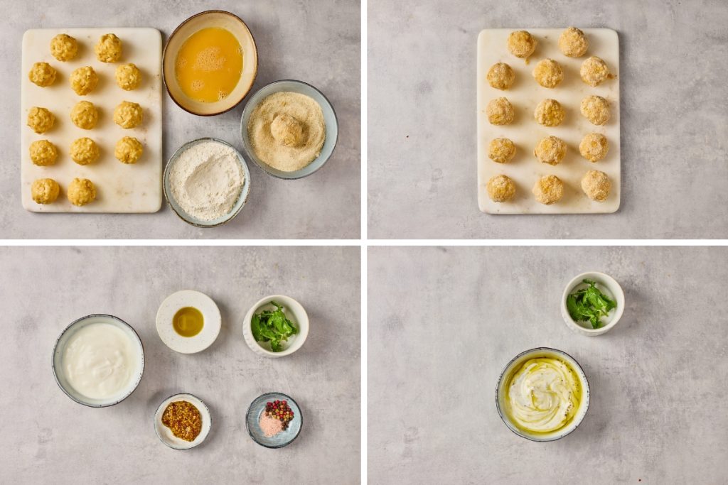 Process image for making Mac and Cheese Bites - mac and cheese bites all breaded. Mixed ingredients for making yogurt-mustard dipping sauce.