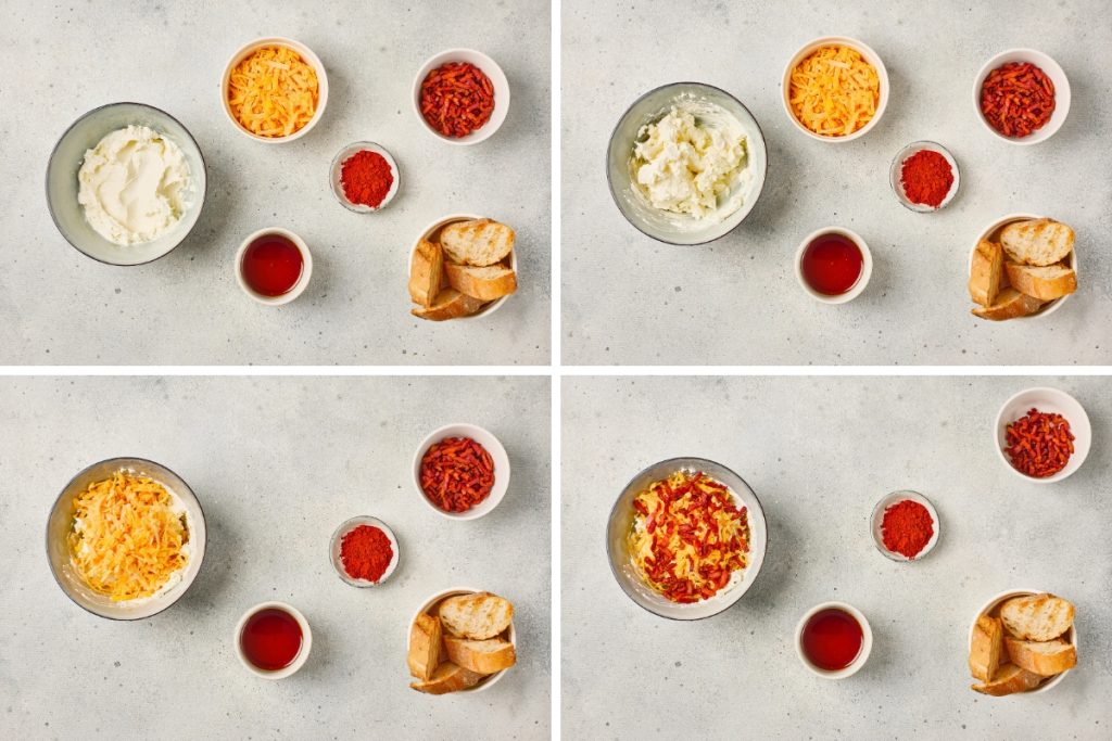 Ingredients and step-by-step process of making maple bacon cheese dip with cream cheese, cheddar, bacon, paprika, and maple syrup.