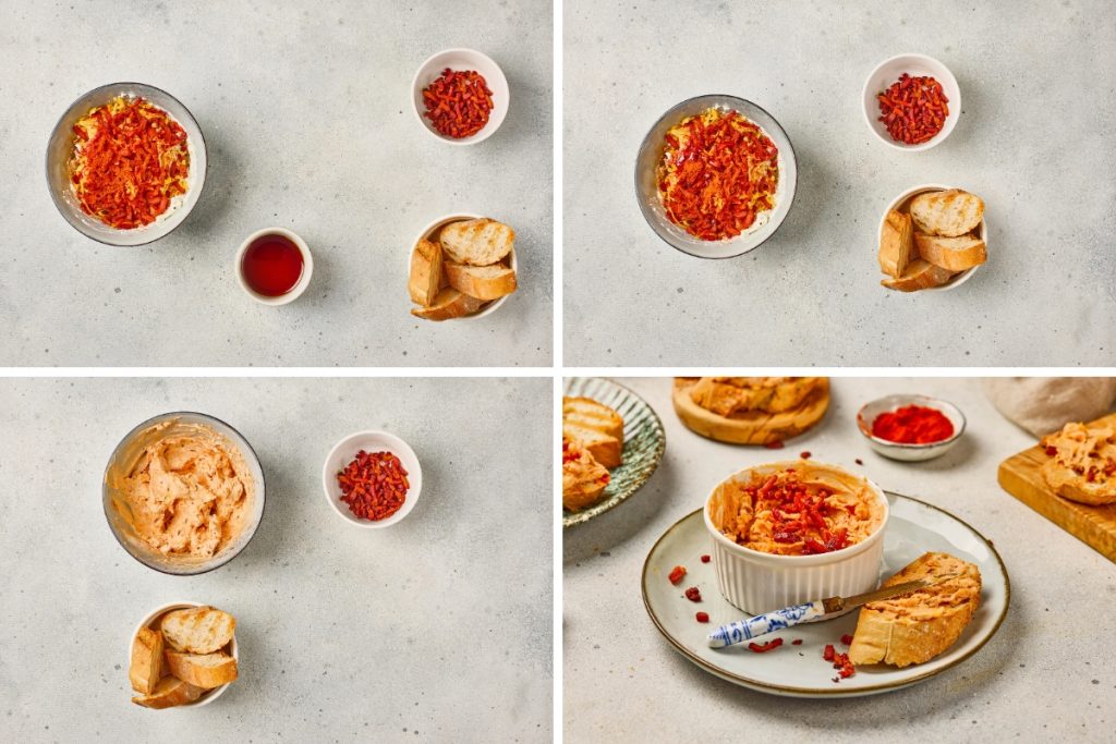 Process image for making Maple Bacon Cheese Dip - added smoked paprika, crumbled bacon, maple syrup to beaten cream cheese then served with bread