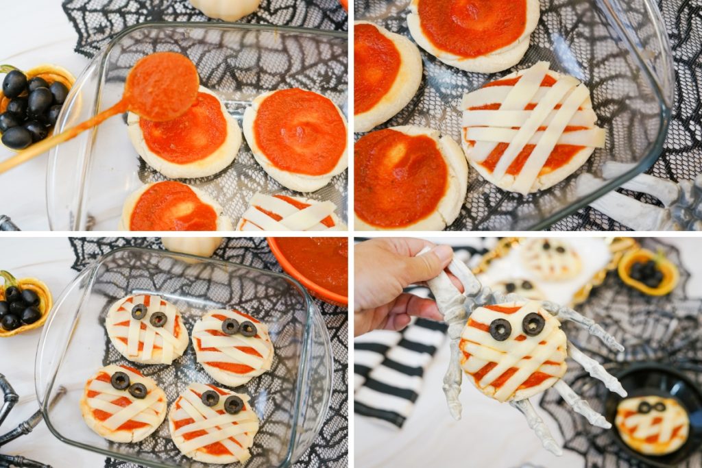 A collage showing the process of making mummy pizzas: spreading sauce, adding cheese strips, and placing on olive eyes.