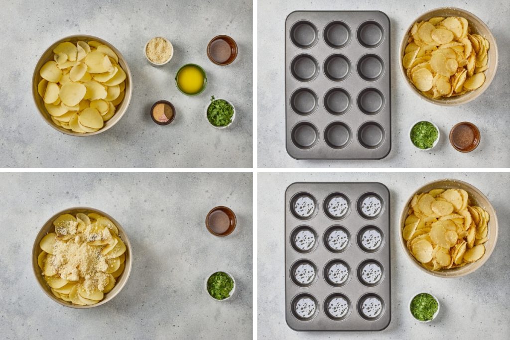 Step-by-step process of preparing Parmesan Garlic Potato Stacks, showing sliced potatoes, seasonings, muffin tin, and assembly.