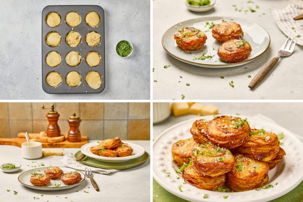Process image for making Parmesan Garlic Potato Stacks - potato stacks are baked, and garnished with extra parmesan and herbs before serving