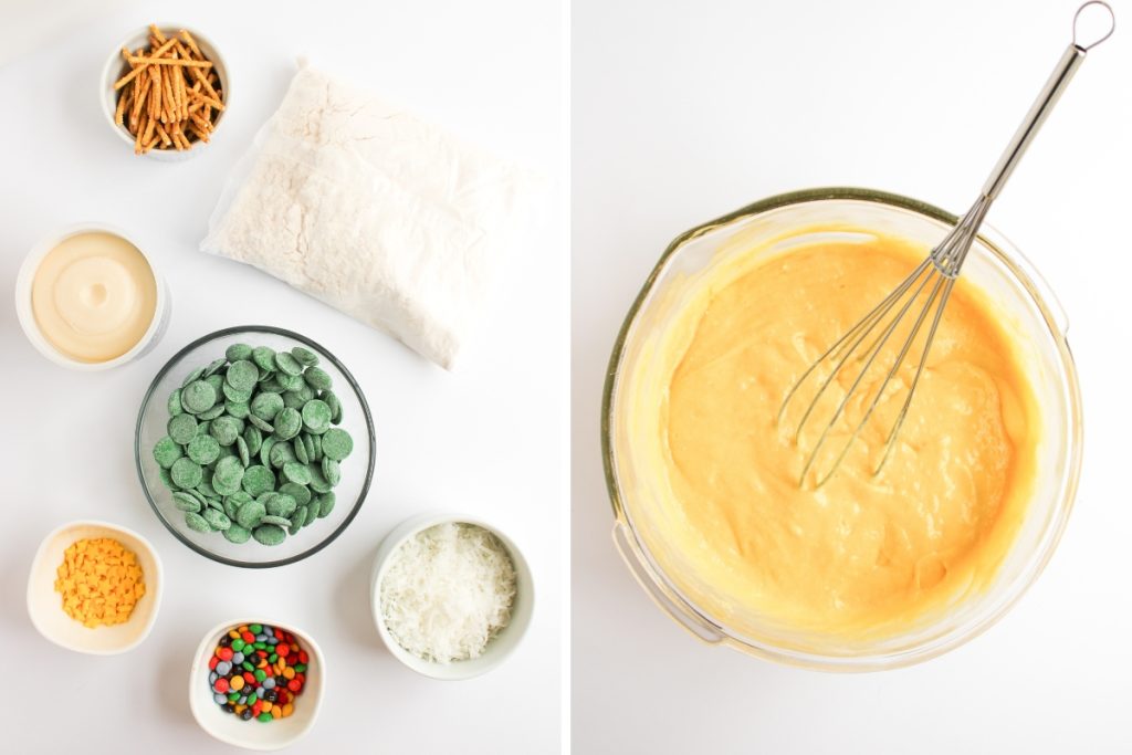 Ingredients and process image for making Christmas Tree Pretzel Cupcakes - mixing cupcake batter