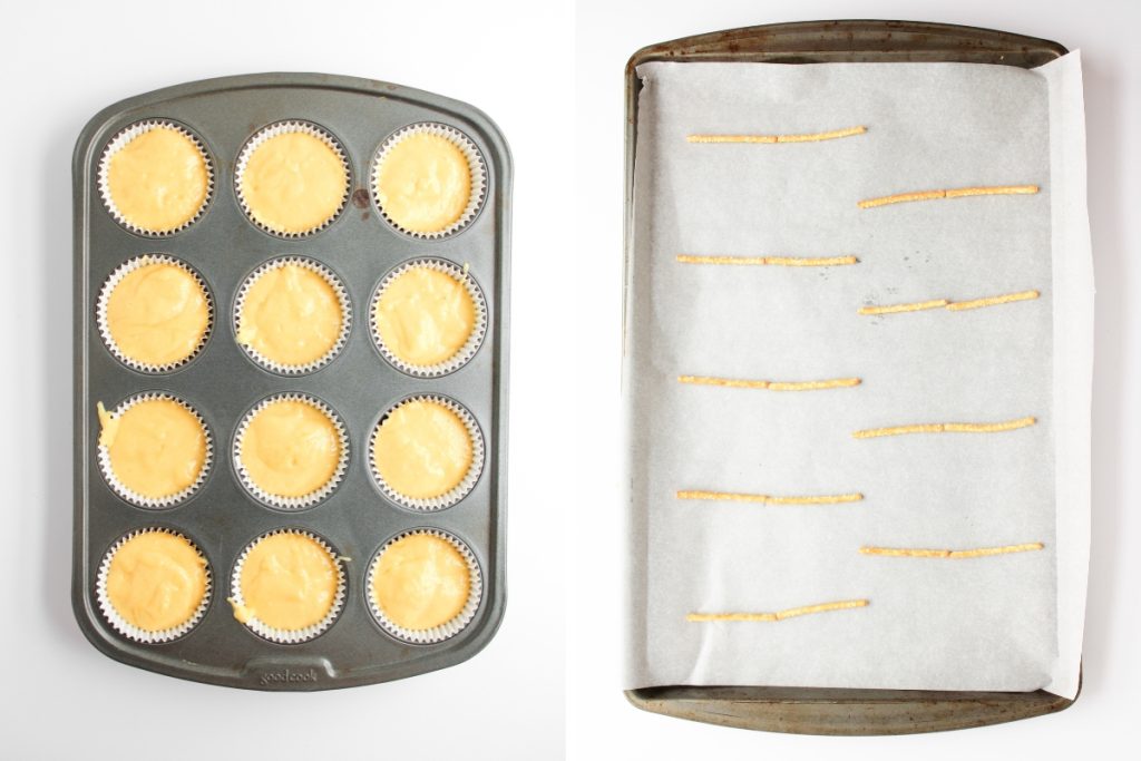Process image for making Christmas Tree Pretzel Cupcakes - divided cupcake batter evenly to muffin pan. In a lined baking sheet, placed two pretzel sticks side by side to form the “trunk” of each tree.