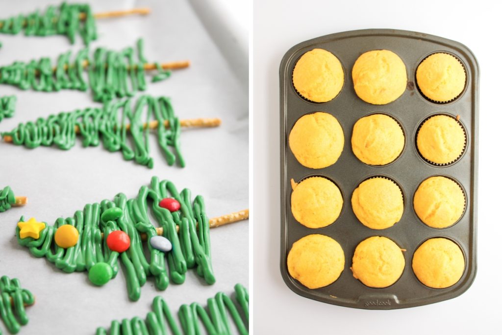 Process image for making Christmas Tree Pretzel Cupcakes - Decorated with mini M&M’s and a star sprinkle. Cupcakes are out the oven and ready for frosting