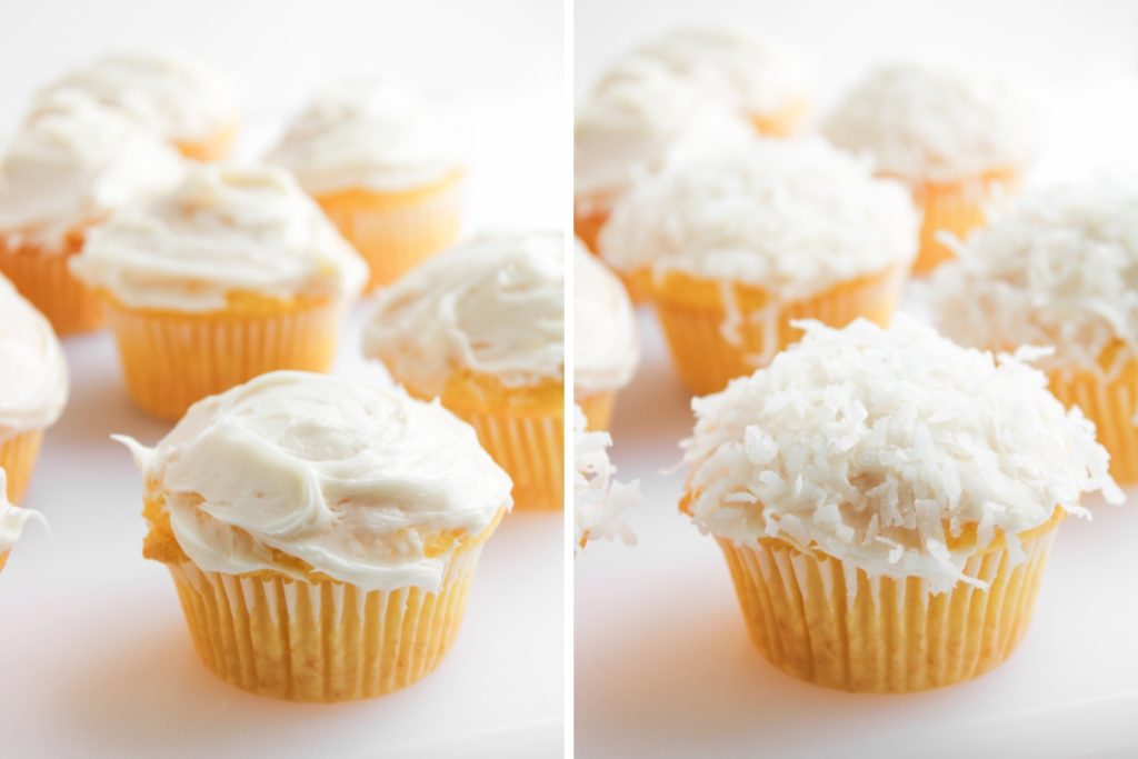 Process image for making Christmas Tree Pretzel Cupcakes - frosted the cupcakes and dipped into shredded coconut