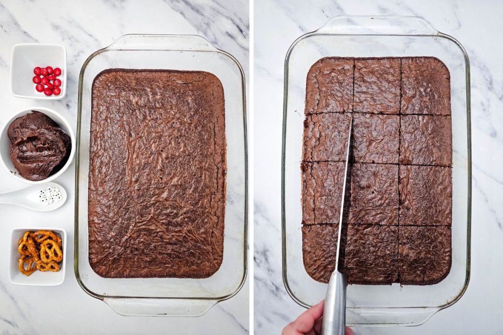 Ingredients and process image for making Reindeer Brownies - brownies are cut into 12 equal pieces using a knife