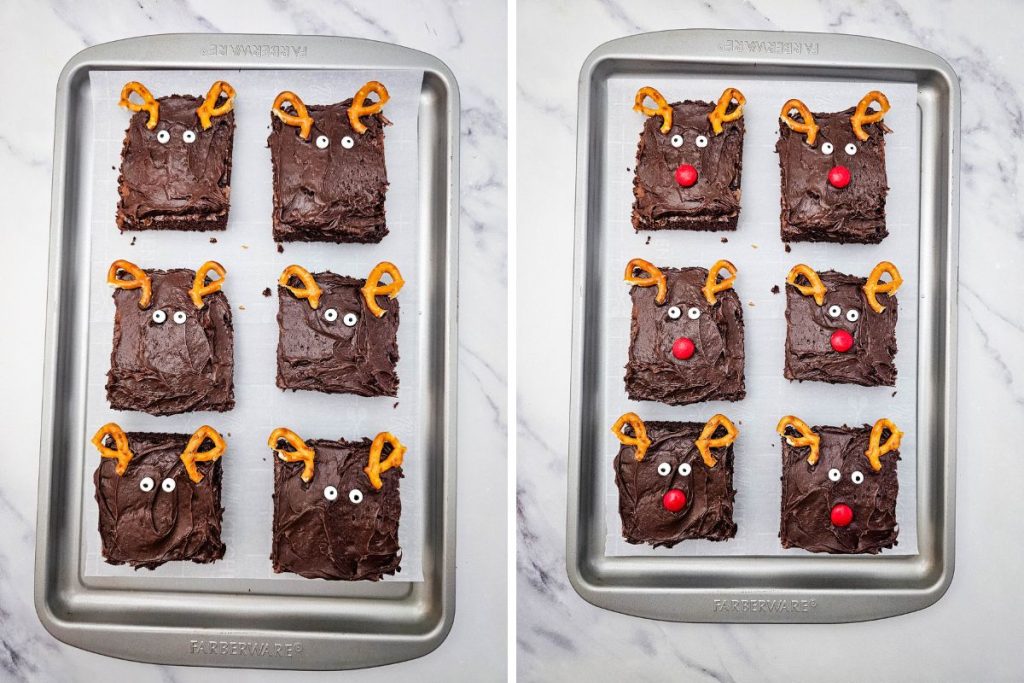 Process image for making Reindeer Brownies - placed 2 candy eyes and 1 red M&M candy below the eyes as reindeer nose