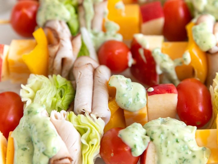 Deli Salad Skewers with Basil Mayonnaise