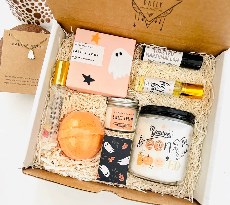 collection of pretty and feminine beauty products in a pre-packaged halloween gift box from etsy seller 