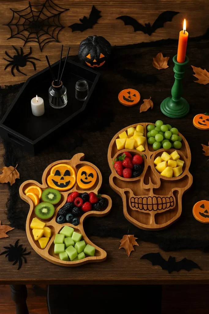 creepy wooden serving tray ideas for Halloween gifts from Etsy showing ghost and skull filled with fruits and nibbles
