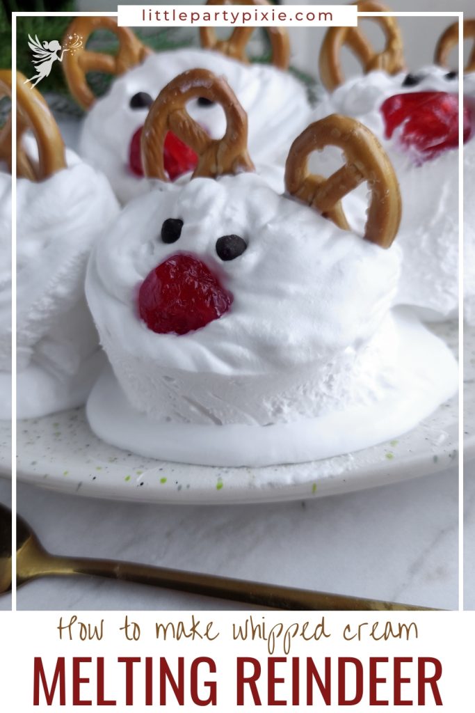 Close-up of several fluffy whipped cream melting reindeers on a white plate, ready to be served as a fun holiday dessert.