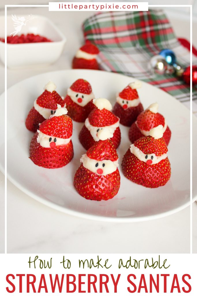 A handful of delightful Strawberry Santas sitting on a white tray, ready to be served as a light holiday treat.