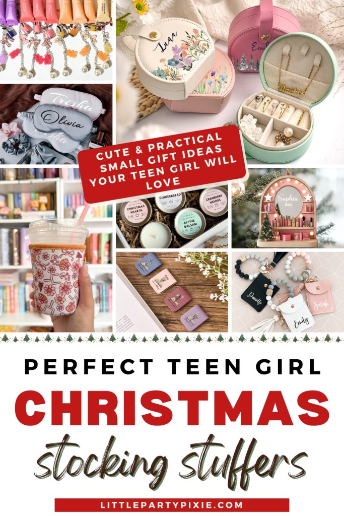 collage of teen girl stocking stuffer gift ideas from etsy