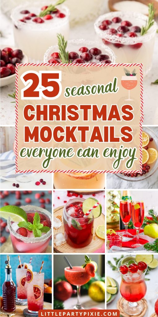 A tall collage showcasing several bright, colorful, and refreshing Christmas Mocktails garnished with fruit, mint, and festive seasonal decorations.