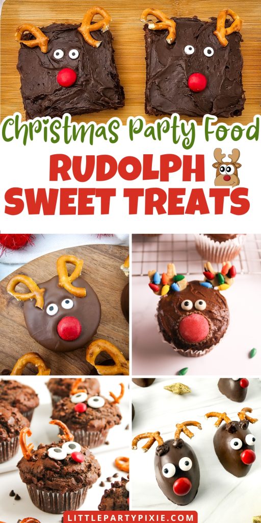 A collage showing various delicious and cute Rudolph Reindeer Christmas Treats made from brownies, cookies, and cupcakes.