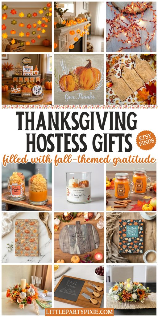 collage of fall-themed gift ideas from etsy to give as a hostess gift