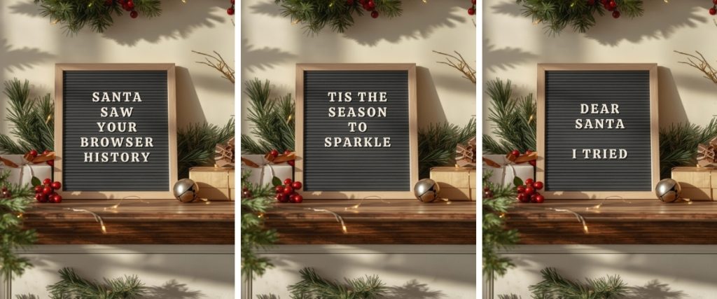 collage of 3 images with different festive messages on felt letterboards  