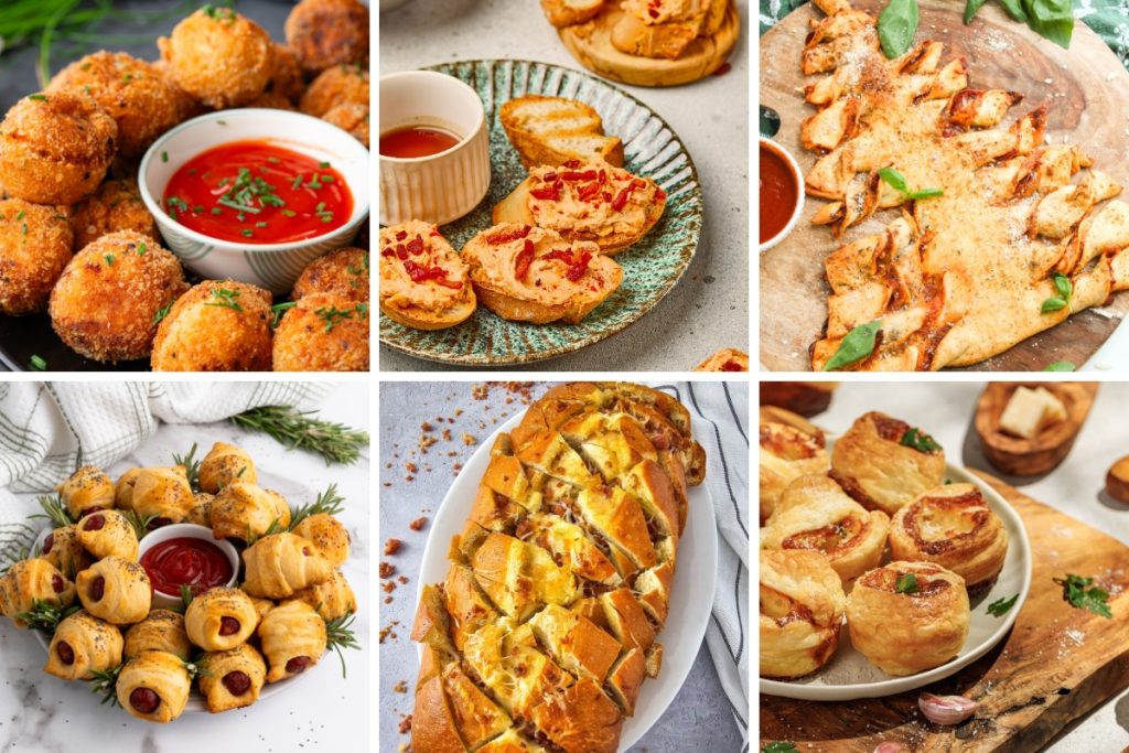 A collage of six savory Christmas Appetizers & Dips, including cheese balls, pigs in a blanket, and cheesy bread.