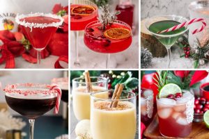 A festive collage of six different Christmas Cocktails, including red and green martinis, a dark espresso drink, and eggnog, all beautifully garnished for the holidays.