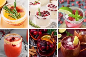 A collage of six festive Christmas Mocktails garnished with rosemary, cranberries, oranges, and lime, featuring sugar-rimmed glasses and a copper mug.