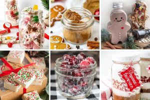 A collage of six different delicious edible Christmas gifts, including fudge, sugared cranberries, and a gingerbread man drink bottle.