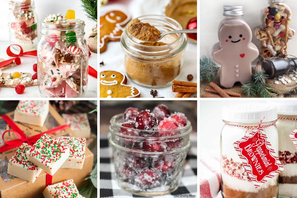A collage of six different delicious edible Christmas gifts, including fudge, sugared cranberries, and a gingerbread man drink bottle.
