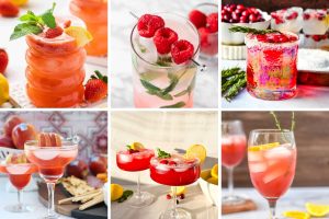 A vibrant six-image collage of festive New Year's Eve Mocktails, featuring bright red and pink drinks garnished with raspberries, strawberries, apples, and citrus.