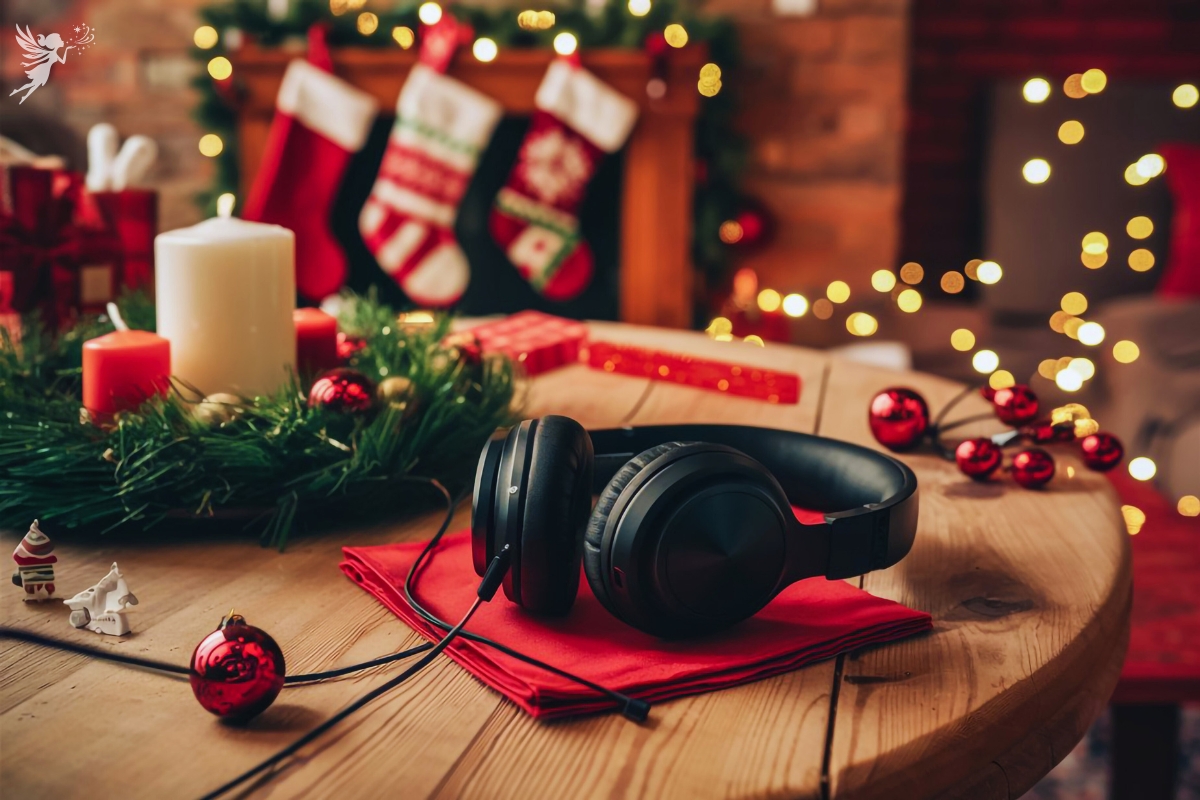 a set of headphones on a wooden table festive stockings in background
