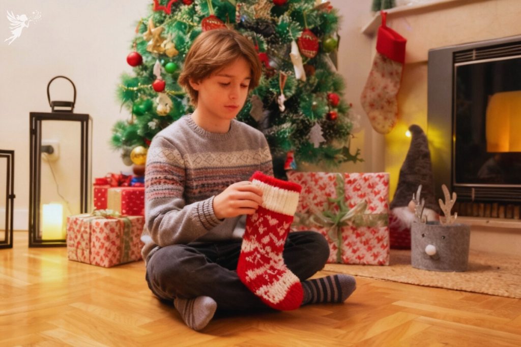 teen boy opening a christmas stocking