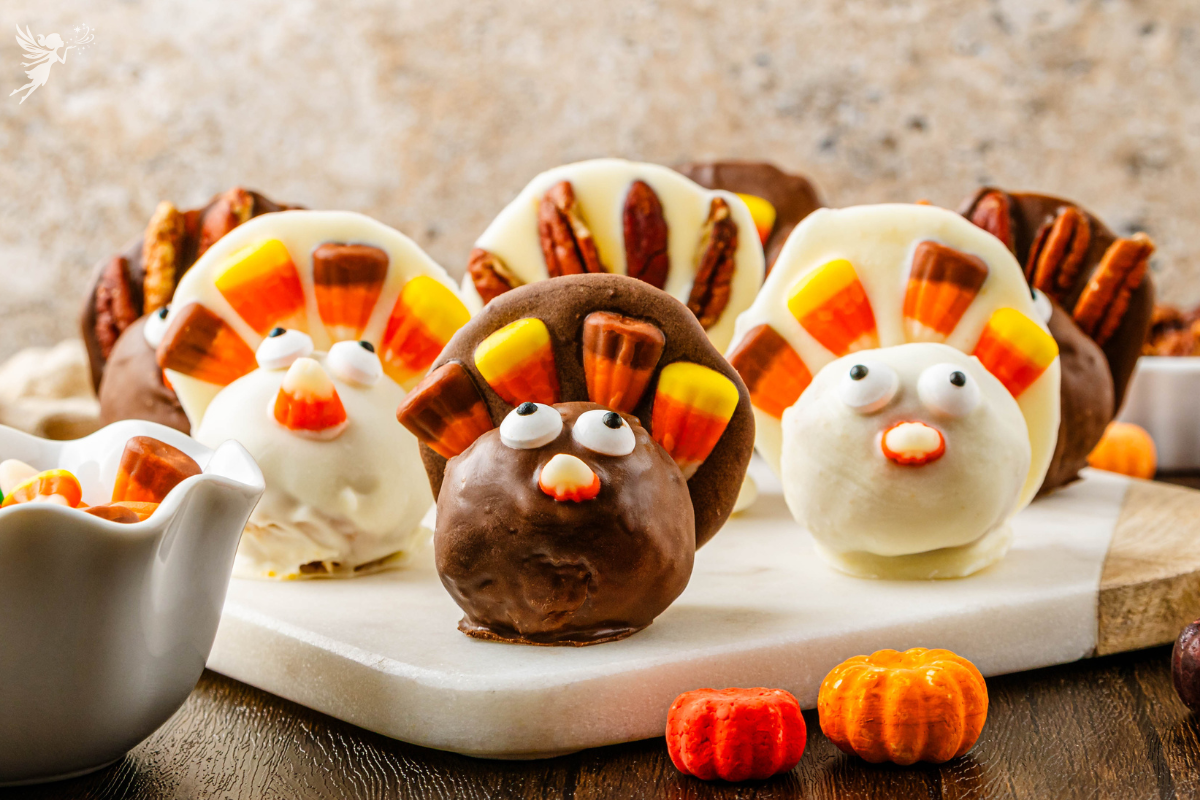 Finished Turkey Pumpkin Pie Balls on a wooden surface, with a mix of chocolate and white chocolate coatings and candy decorations.