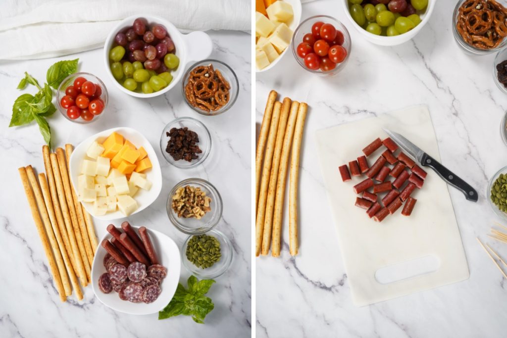 Ingredients and process image for making individual charcuterie cup - gathering the ingredients and cutting turkey snack sticks into 1-inch pieces