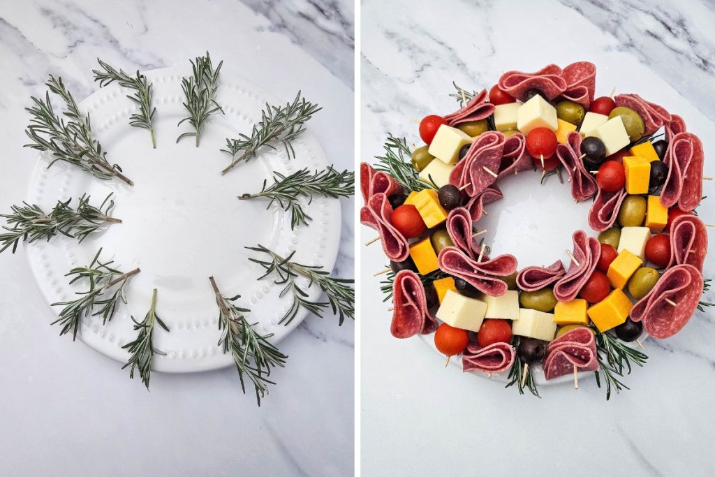 Process image for making Christmas Charcuterie Wreath - Arranging the rosemary on the edges of the plate overlapping the rim then the skewers for wreath