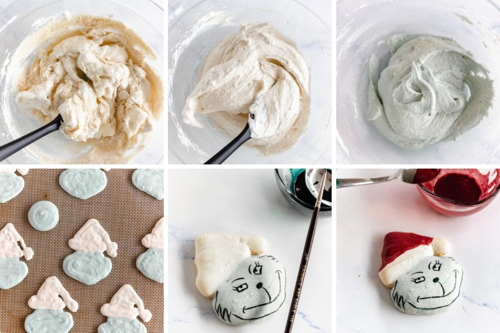 Six-part collage showing macaron batter stages: mixing, folding, turning green, and piping faces onto a baking mat.