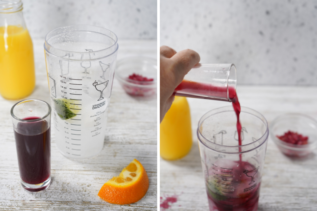 Combining ingredients for the Pomegranate Margarita in a cocktail shaker, pouring the dark red juice into the mix.
