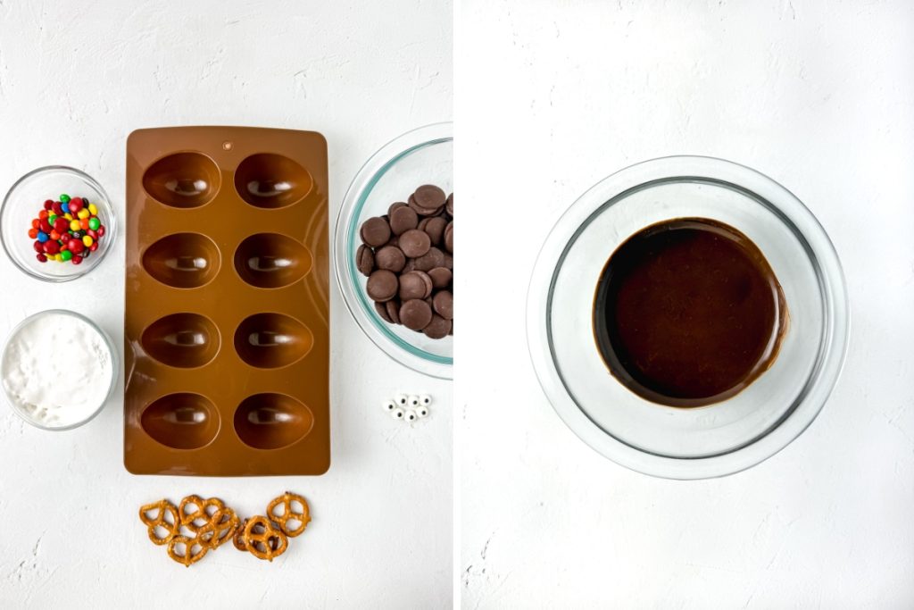 Ingredients and tools for the Rudolph Chocolate Marshmallow recipe, including chocolate chips, candies, pretzels, and a bowl of melted chocolate.