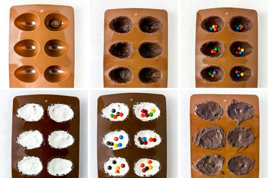 Six-step collage showing chocolate-filled molds being layered with candies and a white marshmallow filling before sealing the shell.