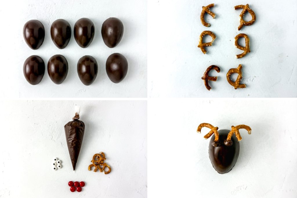A four-panel image showing chocolate eggs, pretzel pieces, and then one final assembled chocolate Rudolph treat.