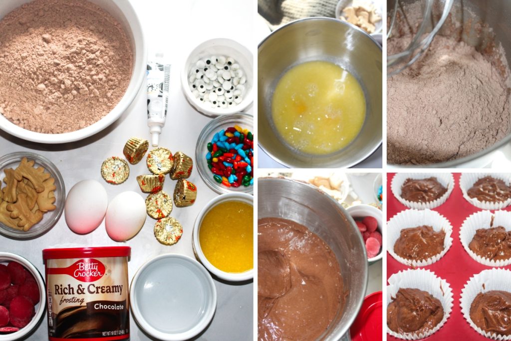 A collage showing the cupcake ingredients: cake mix, eggs, butter, chocolate frosting, candies, and edible eyes, along with the batter mixing.