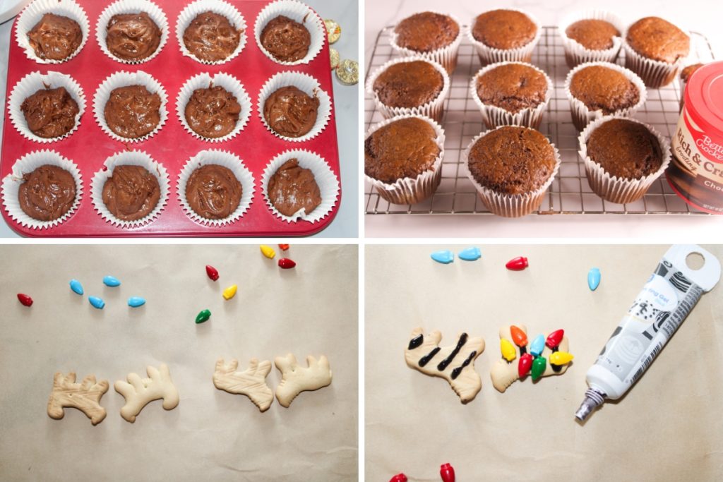 Cupcake batter fills a muffin tin, and baked cupcakes cool on a rack. Plain cookie antlers are prepared for decorating with candy lights.