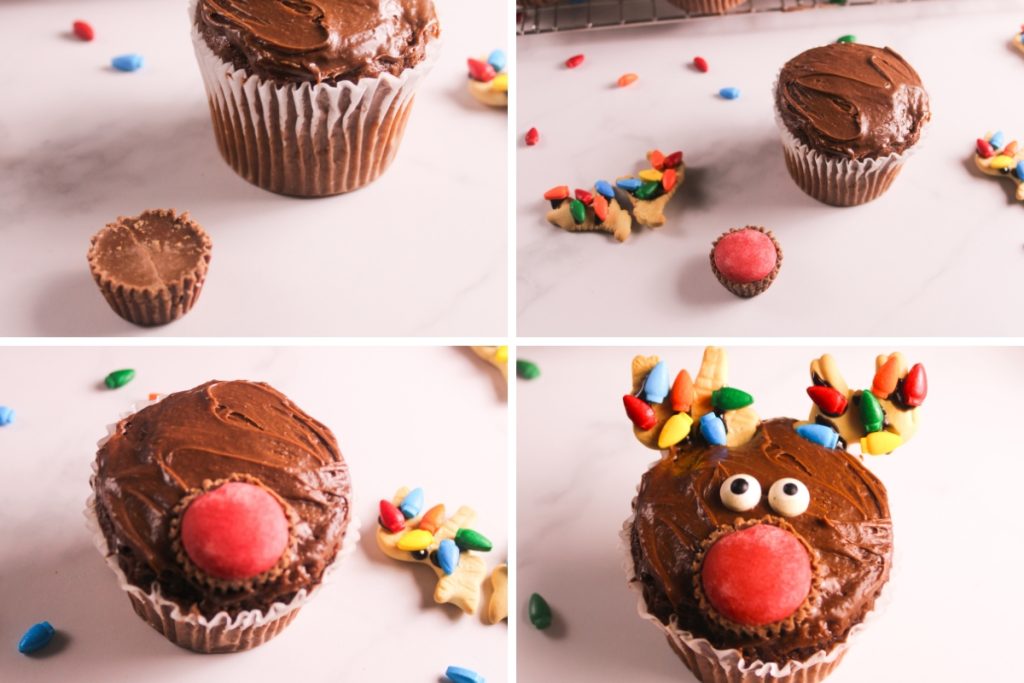 A collage of a cupcake being assembled: adding the peanut butter cup nose, the decorated cookie antlers, and the edible googly eyes.