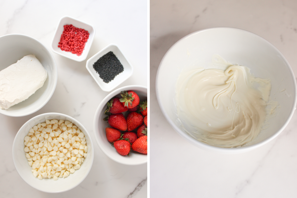 Ingredients laid out: cream cheese, white chocolate chips, fresh strawberries, red sprinkles, and black sesame seeds for Strawberry Santas. Melted white chocolate chips on white microwave safe bowl.