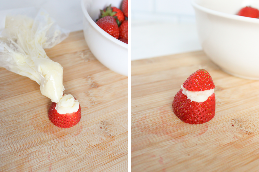 A strawberry bottom is piped with a white filling for the beard. Then, the strawberry top forms the red Santa hat.