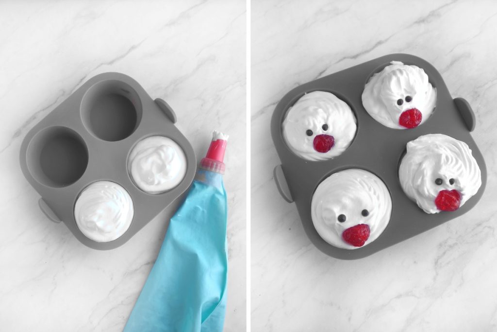 Whipped cream is piped into a four-cup mold, followed by adding a raspberry nose and small chocolate eyes to create the reindeer faces.