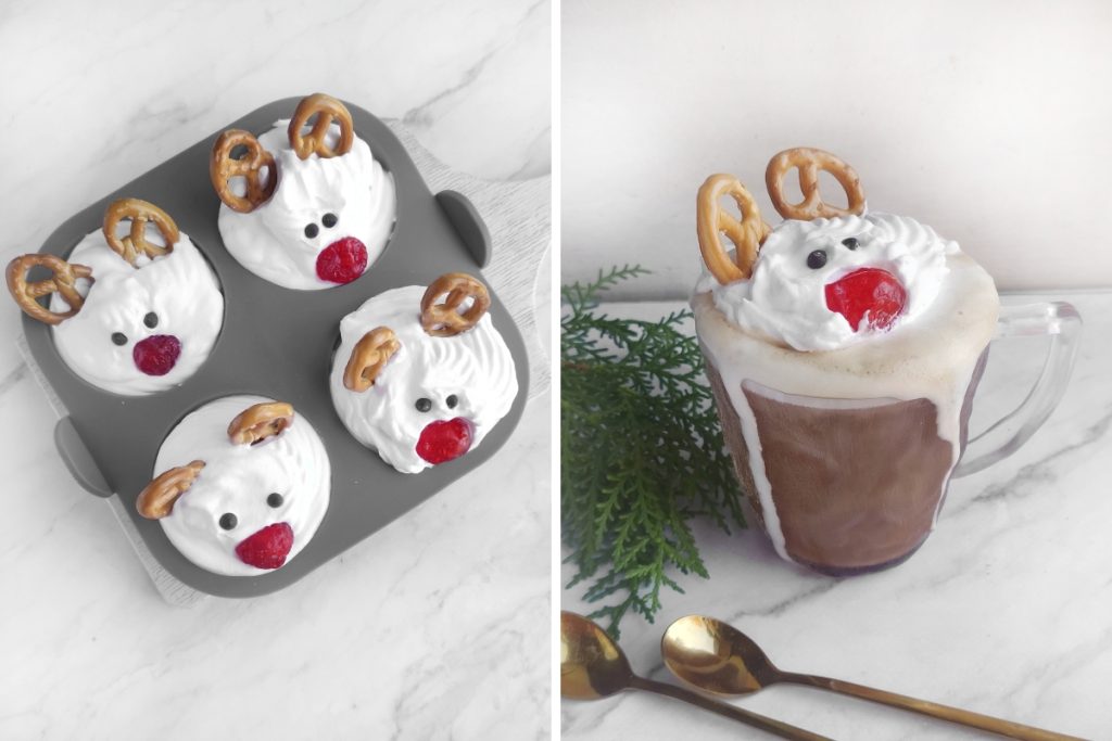 Whipped cream melting reindeers are shown in the mold, then one is placed on top of a hot chocolate beverage.
