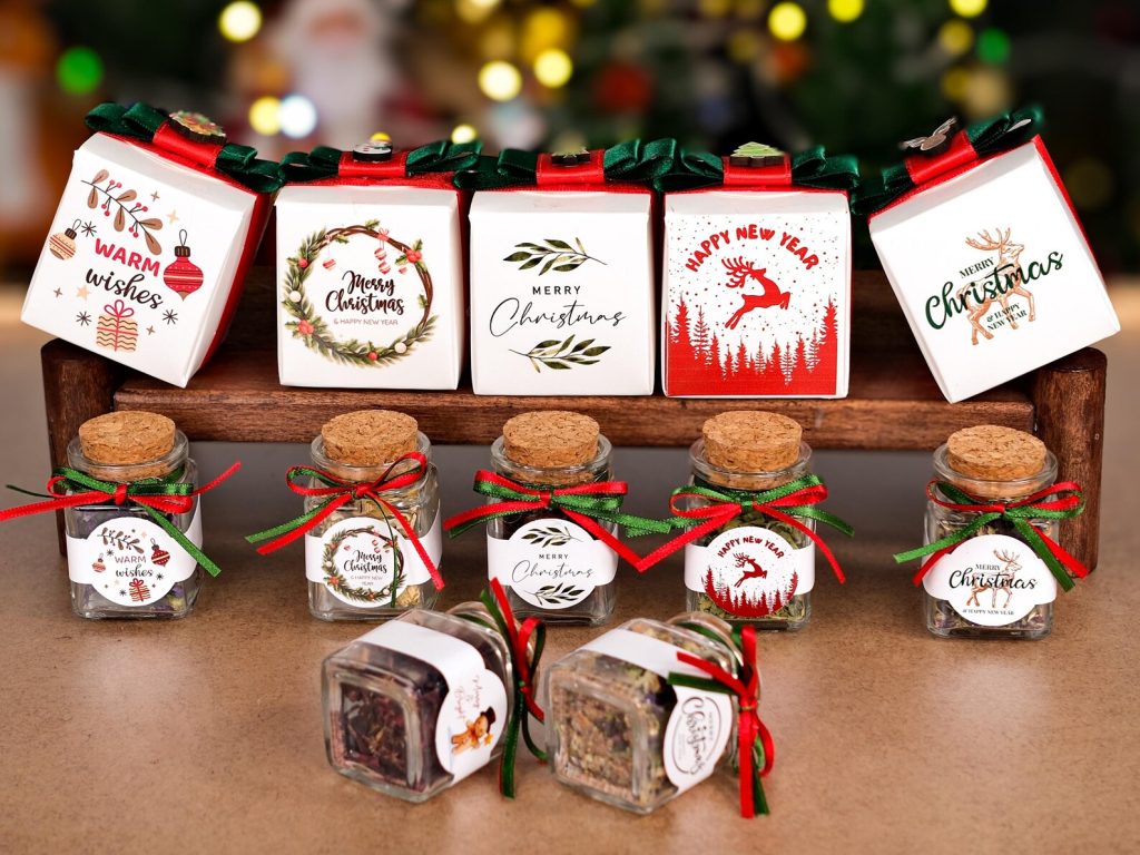 small jars of tea samples with festive packaging etsy