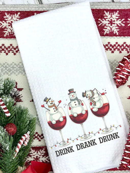 drink drank drunk snowmen in wine glasses print on waffle texture kitchen towel etsy