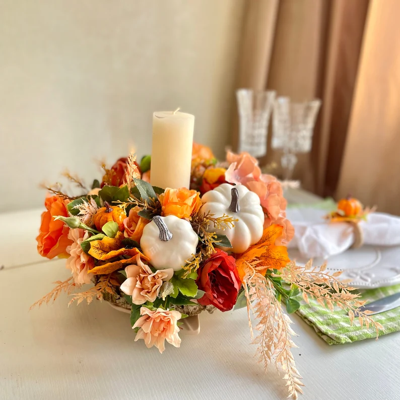 a floral fall centrepiece with a candle etsy